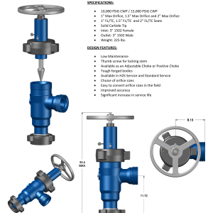 DEENPU 3 inch 1502 Adjustable Choke - 10000-15000 PSIG, 1/1.5/2 inch orifice, solid carbide tip, forged steel for frac flowback
