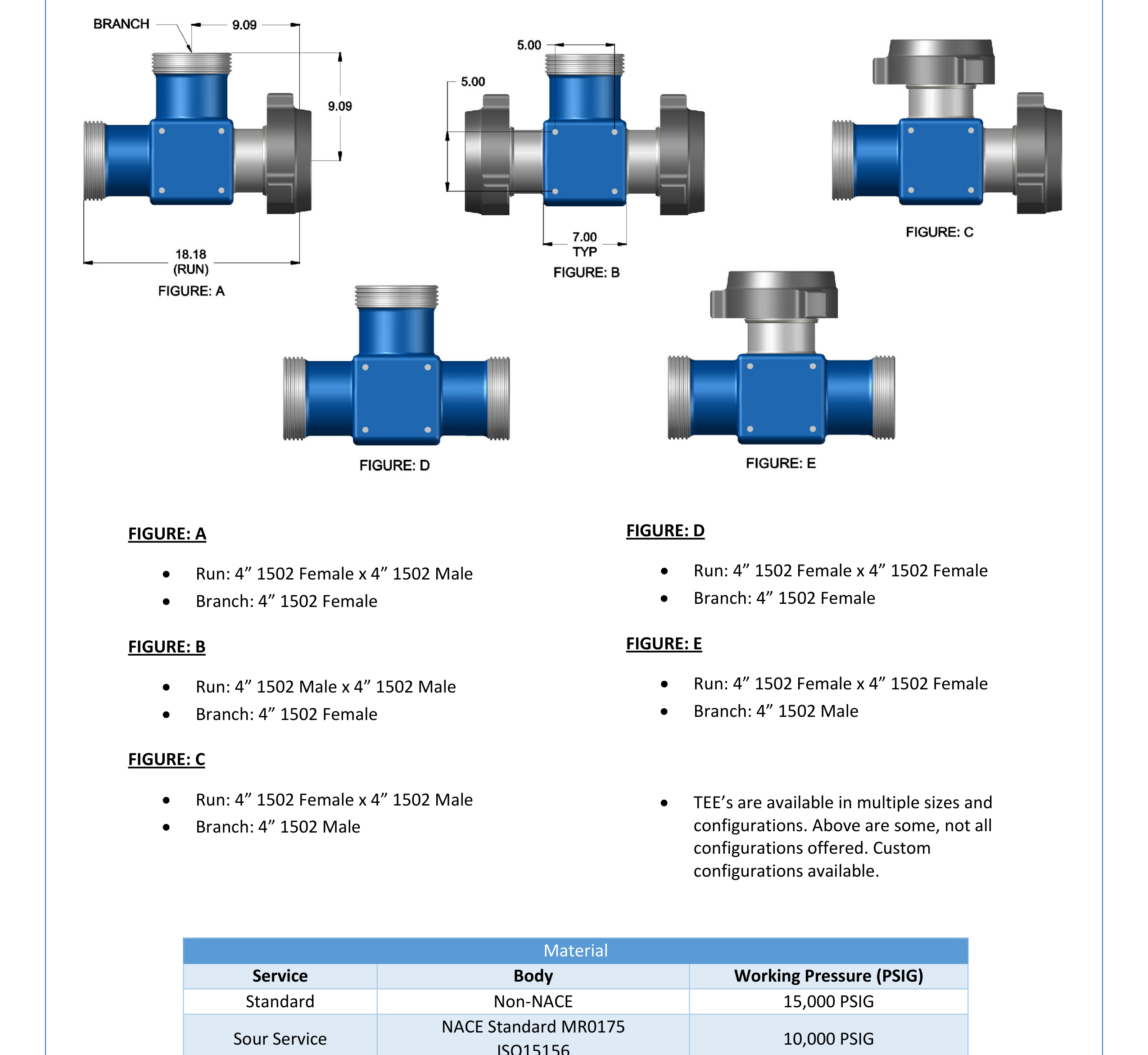 DEENPU 4 inch 1502 Integral Fittings Tees - 15000 PSIG, 5 standard configurations for high pressure frac manifold connections