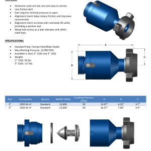 DEENPU Dart Check Valve - 2 and 3 inch 1502, 15000 PSIG, 50 PSIG cracking pressure, low friction dart for frac flowback