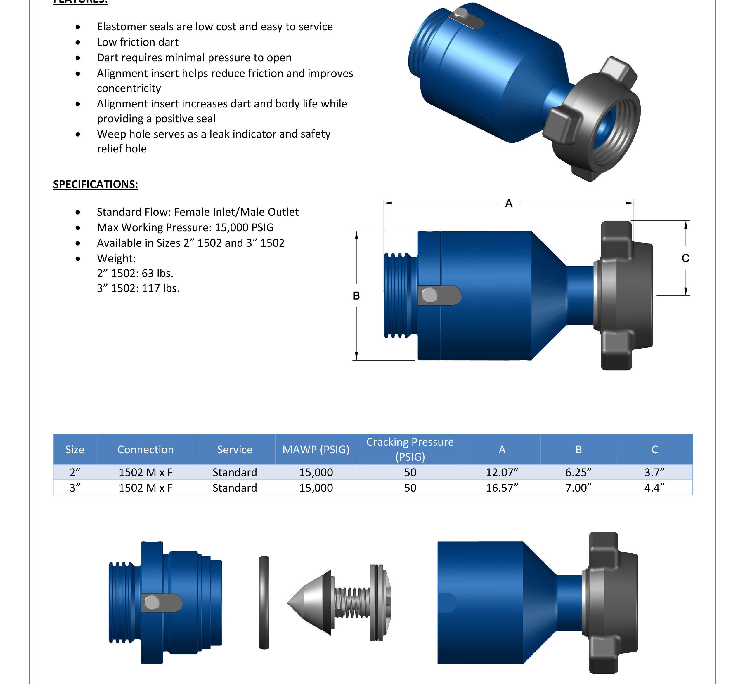 DEENPU Dart Check Valve - 2 and 3 inch 1502, 15000 PSIG, 50 PSIG cracking pressure, low friction dart for frac flowback