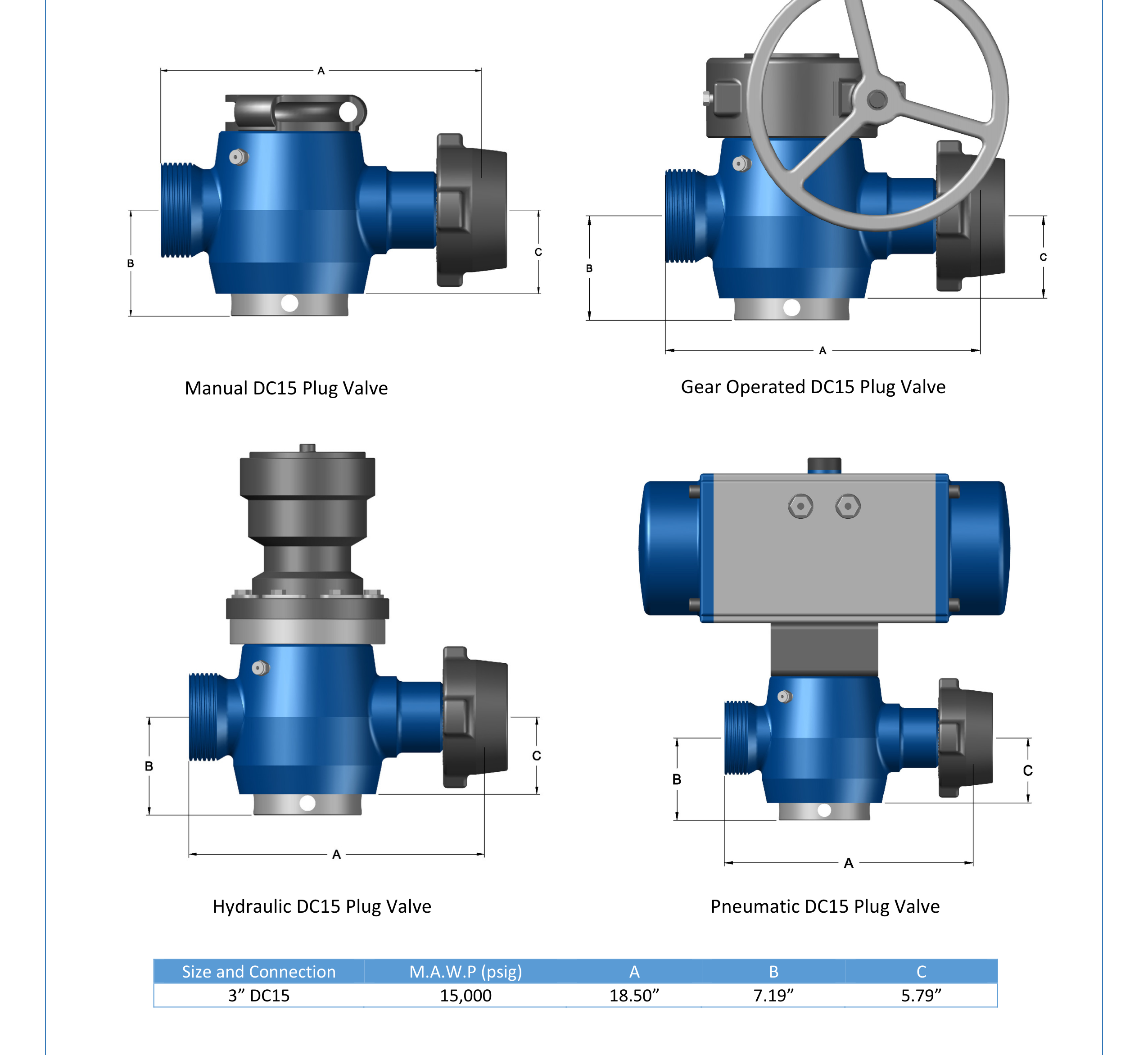 DEENPU DC15 Plug Valves - 3 inch DC15 patented connection, 15000 PSIG, manual, gear, pneumatic and hydraulic actuation options