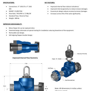 DEENPU FFC-3300 Flapper Check Valve - 3 inch 1502, 15000 PSIG, 740 GPM/17 BBL/M, patented inline repairable design
