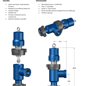 DEENPU Hydraulic Relief Valve - 3 inch 1502, 15000 PSIG, full bore opening, hydraulic actuated for frac flowback over-pressure control