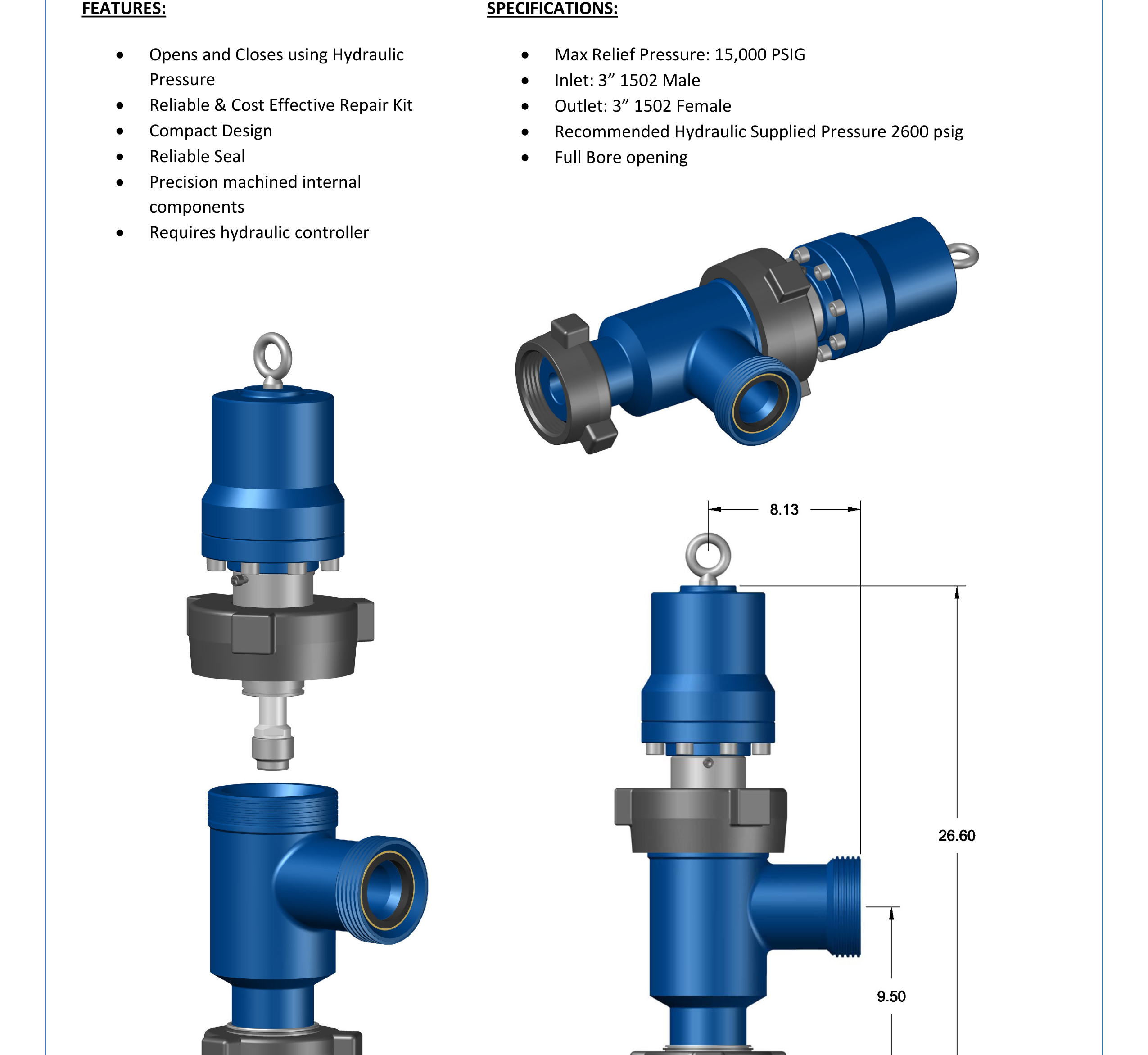 DEENPU Hydraulic Relief Valve - 3 inch 1502, 15000 PSIG, full bore opening, hydraulic actuated for frac flowback over-pressure control