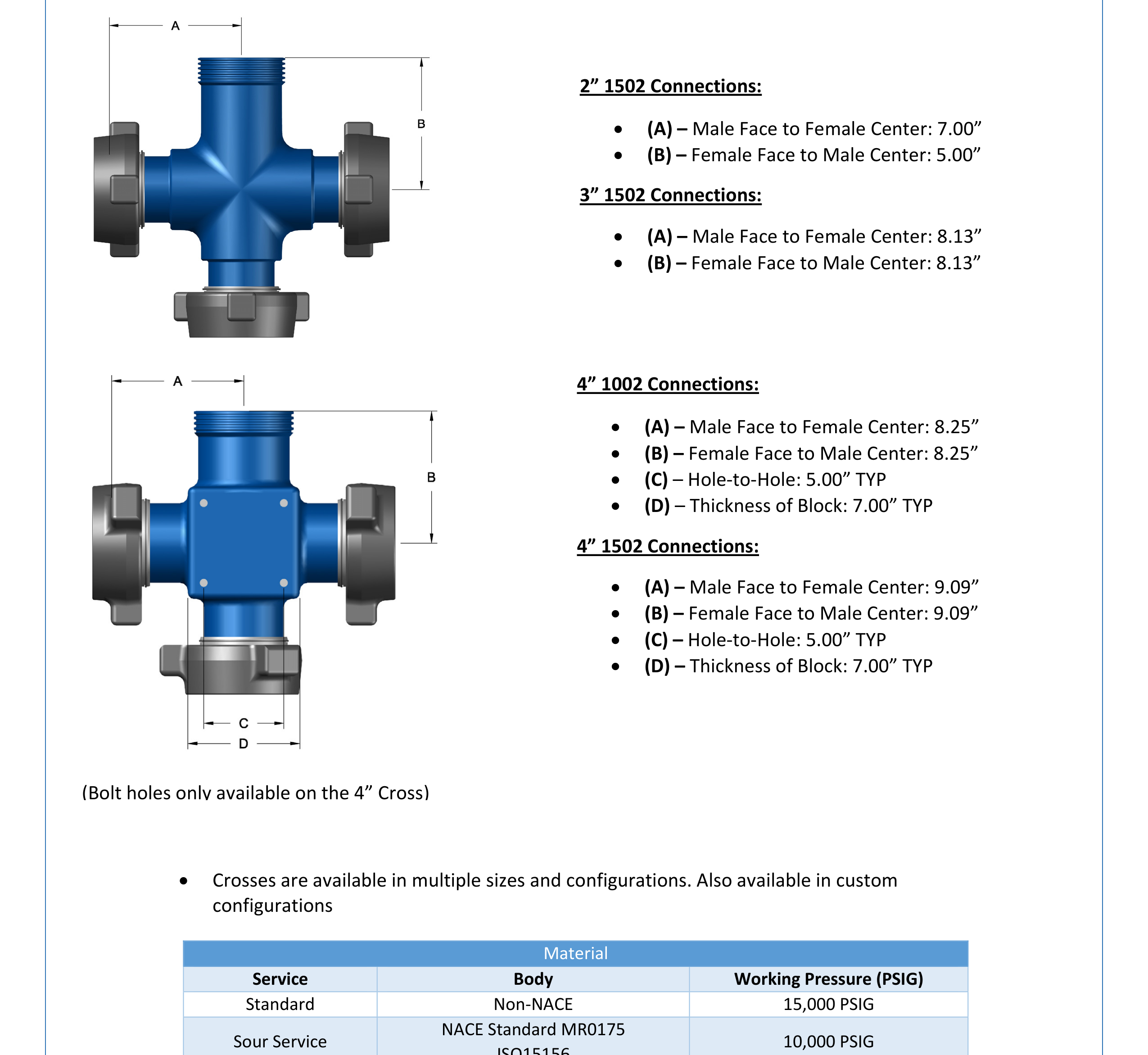 DEENPU Integral Fittings Crosses - 2 to 4 inch 1502/1002, 10000-15000 PSIG cross fittings for frac manifold applications