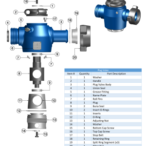 DEENPU Plug Valve Component Breakdown - 20 item parts list diagram for 1-4 inch high pressure plug valves, 15000 PSIG