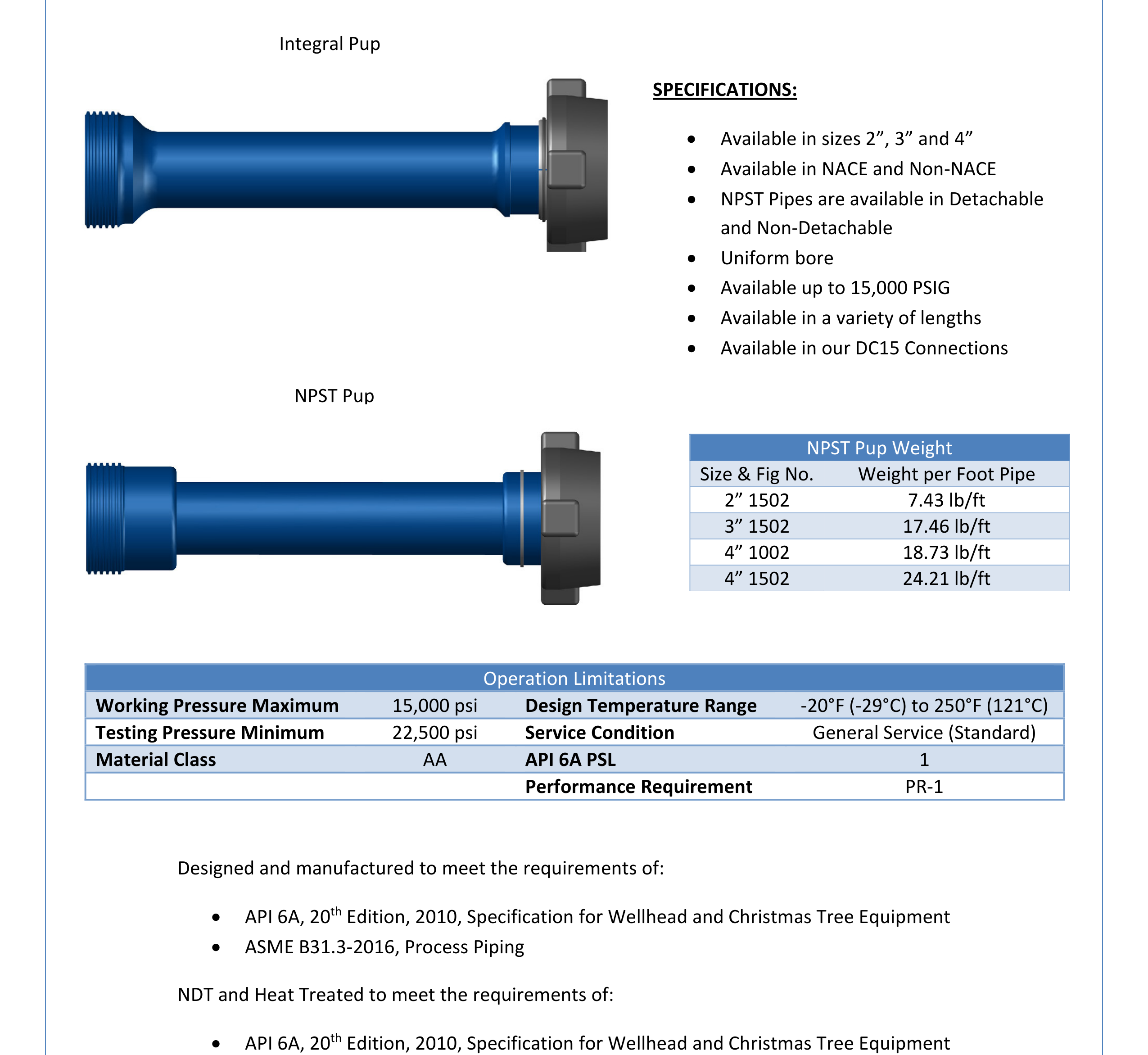 DEENPU Pup Joints NPST and Integral - 2 to 4 inch 1502/1002, 15000 PSIG, uniform bore design, custom lengths for frac flowback